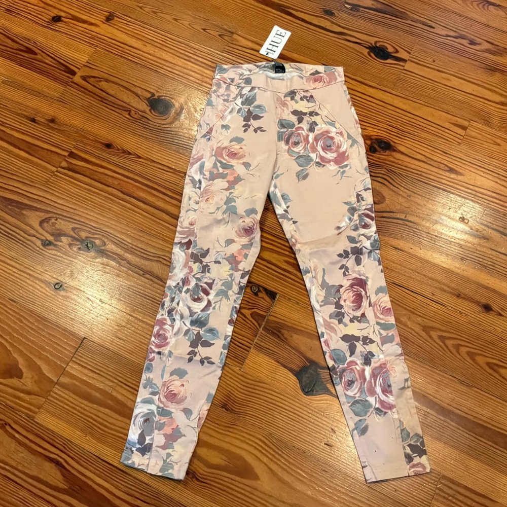 HUE Watercolor Rose Sateen Hi Skimmer Leggings S Pink Floral Pants Cottagecore